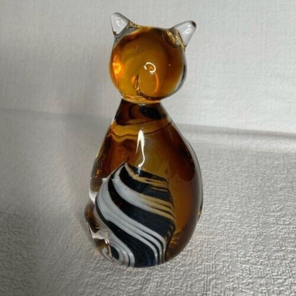 Murano Style Art Glass Amber Striped Cat Hand‎ Blown Figurine Paperweight 4.5"